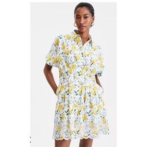 On 34th Yellow Floral Shirt Dress Knee Eyelet Cotton Shirt pleated OX Girly